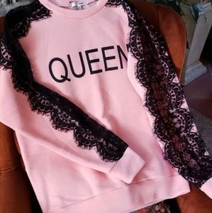 Black Sheer Lace Trim Queen Sweatshirt